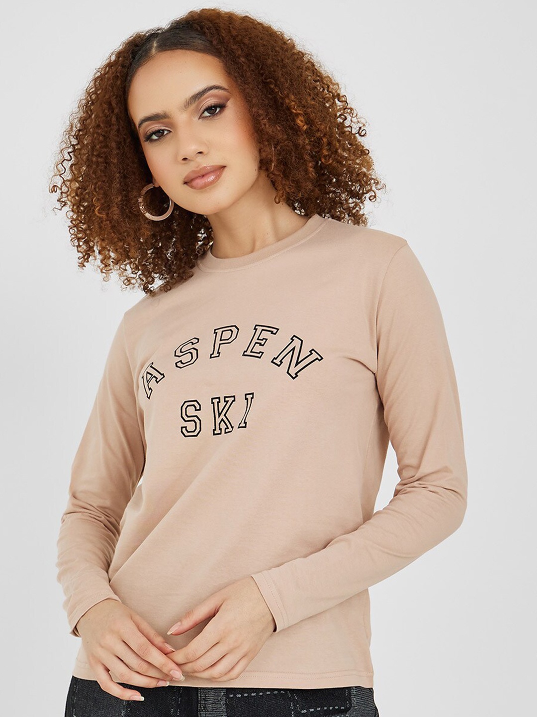 

Styli Women Typography Printed Cotton T-shirt, Beige