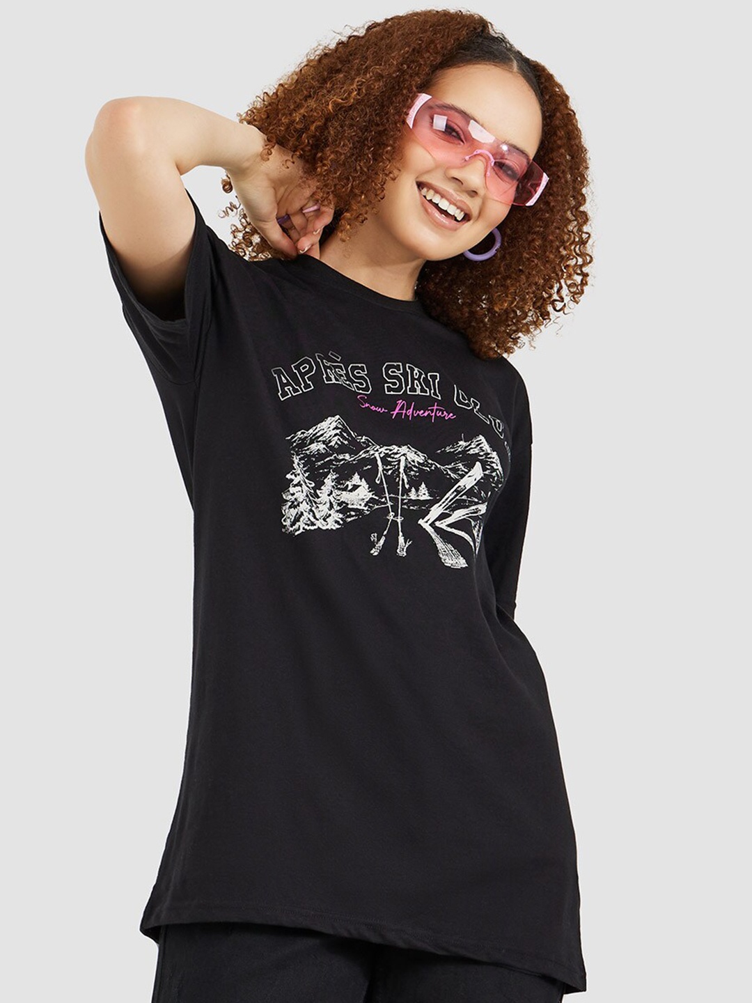 

Styli Women Printed Loose T-shirt, Black