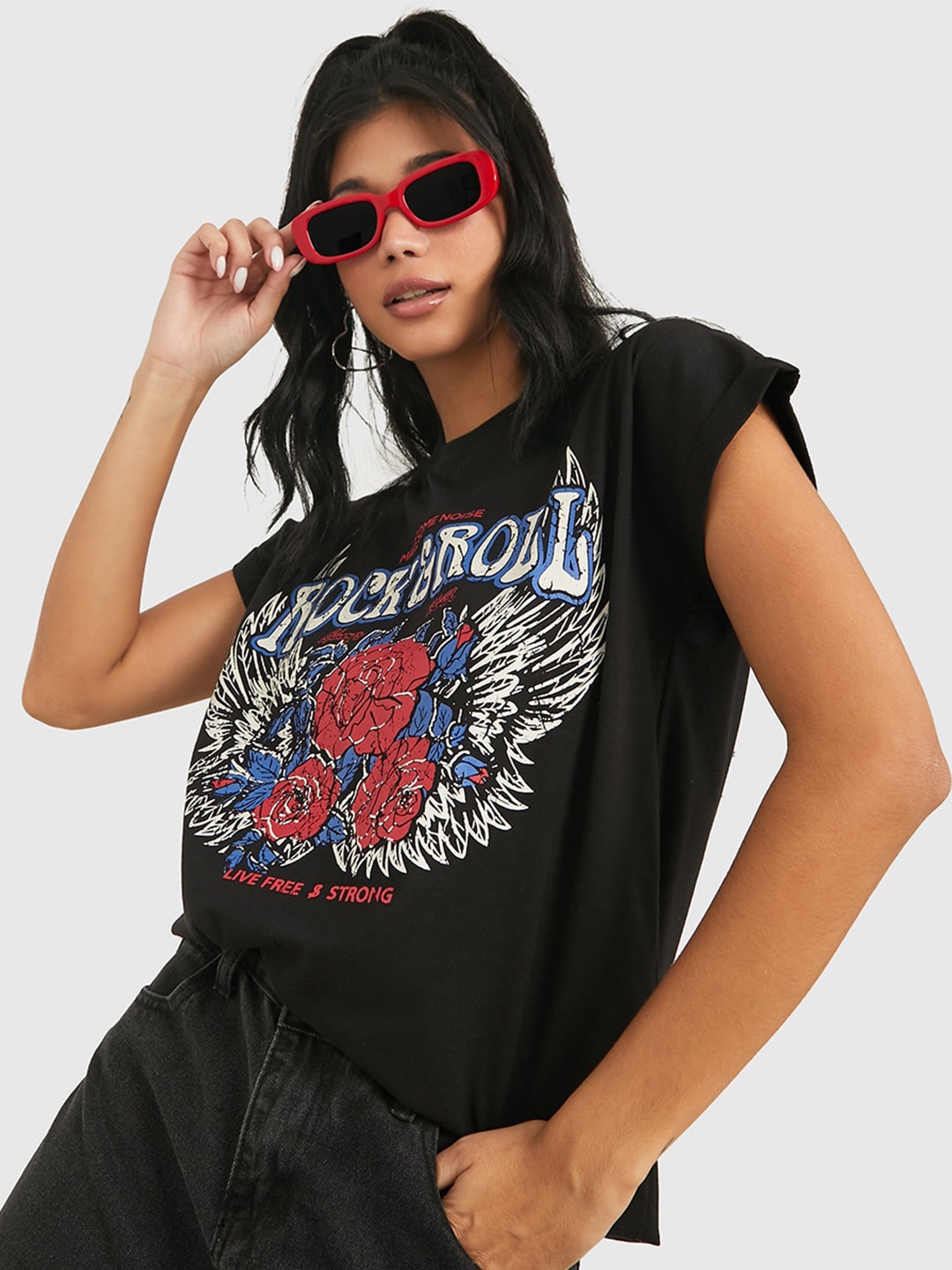 

Styli Women Typography Printed Cotton T-shirt, Black