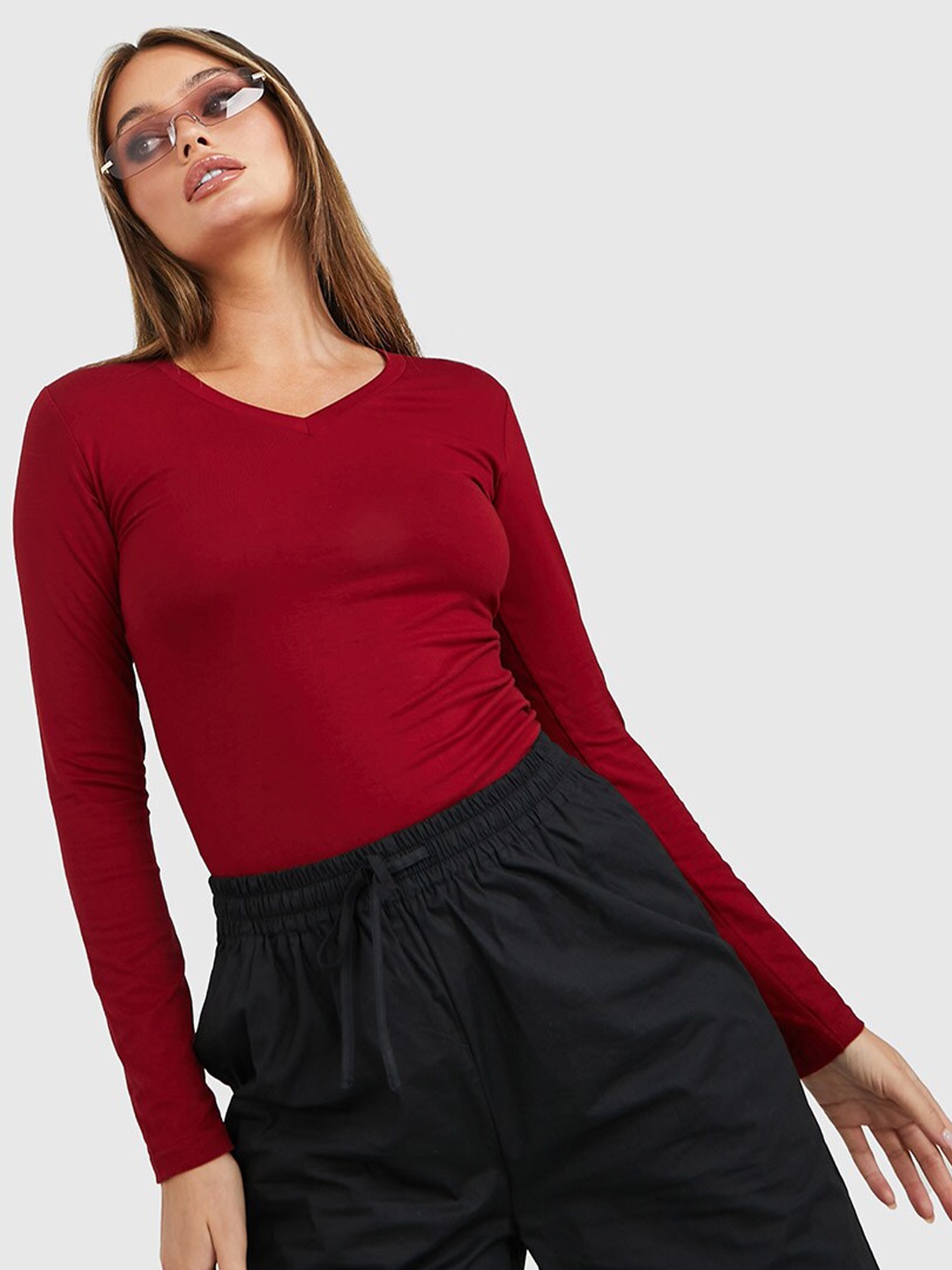 

Styli Women V-Neck Slim Fit Cotton T-shirt, Burgundy