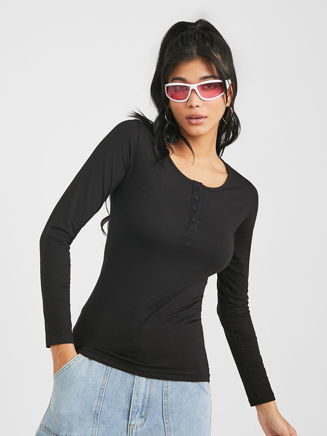

Styli Women Monochrome Slim Fit Cotton T-shirt, Black