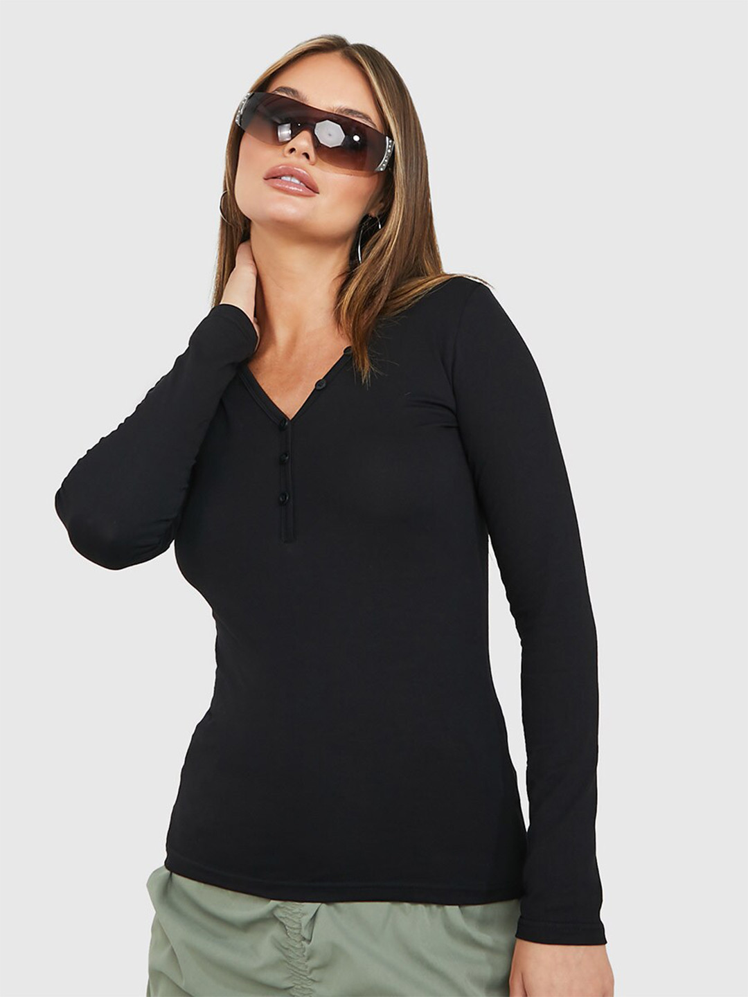 

Styli Women V-Neck Slim Fit Cotton T-shirt, Black