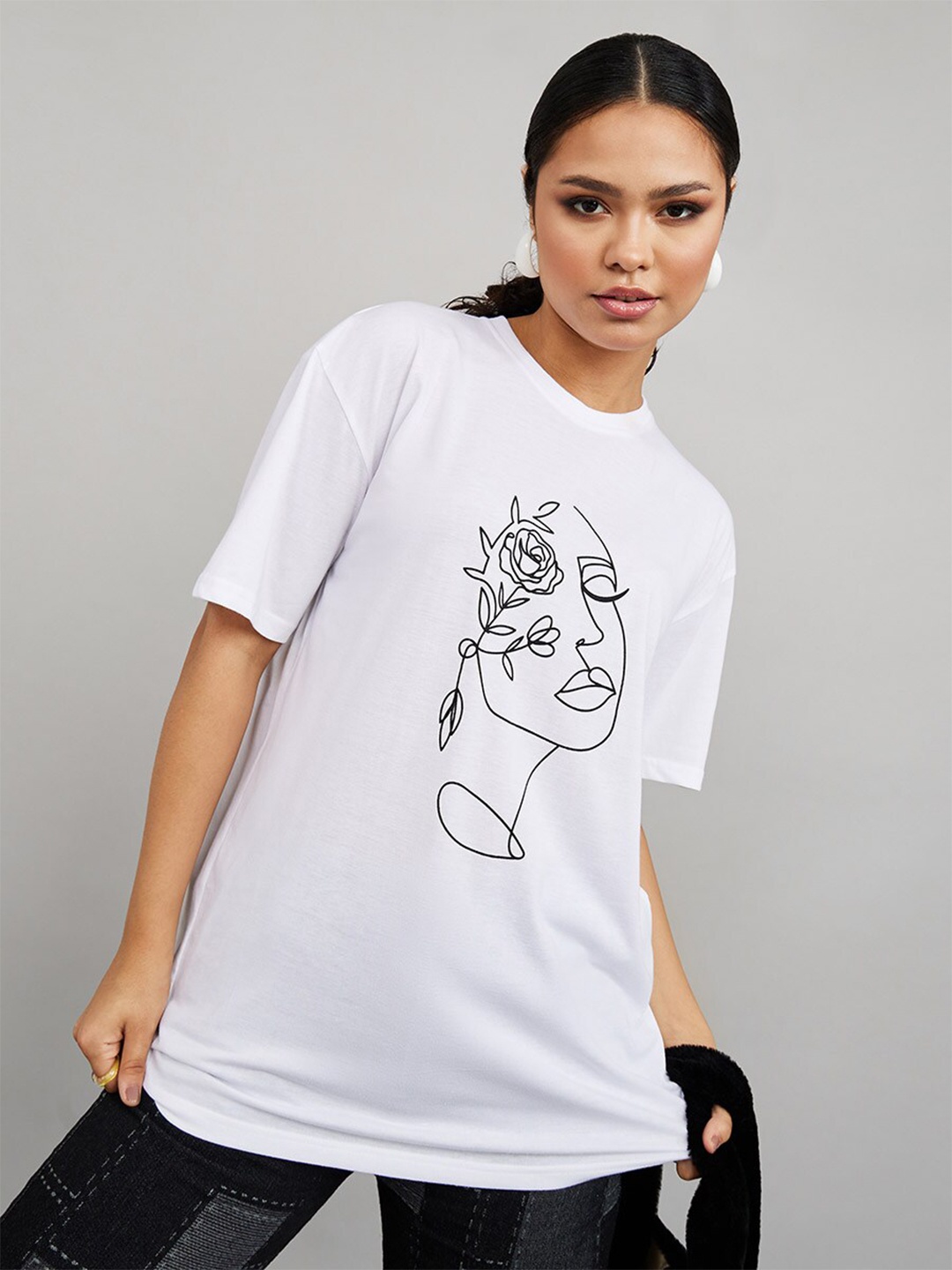 

Styli Women Printed Loose Cotton T-shirt, White