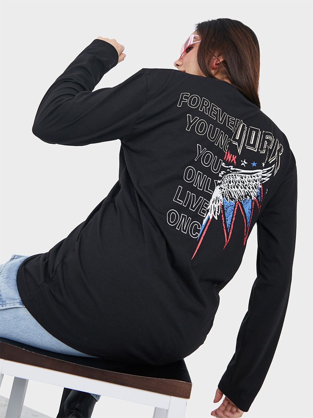 

Styli Women Typography Printed Oversized Cotton T-shirt, Black