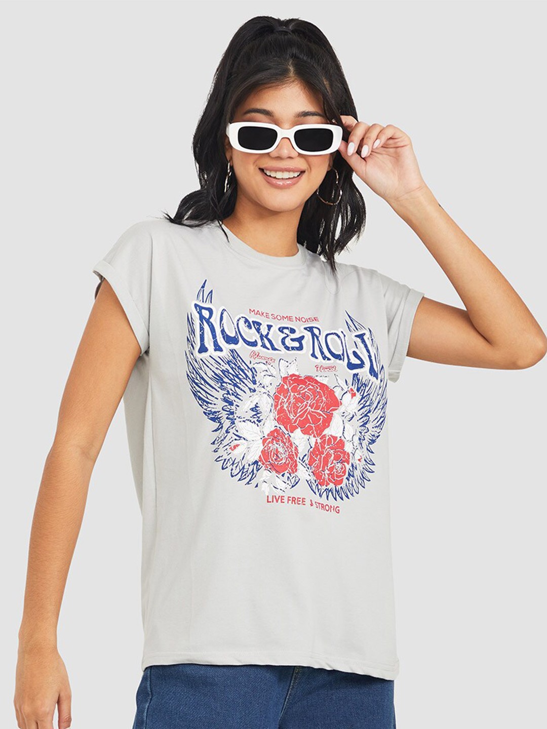 

Styli Women Floral Printed Loose Cotton T-shirt, Grey