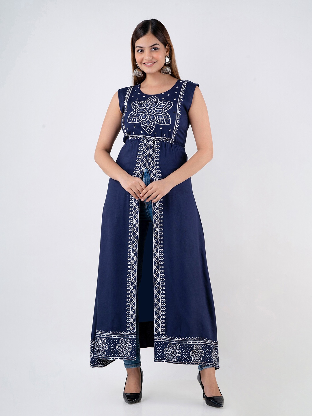 

DRESSAR Ethnic Motifs Printed Front Slit A-Line Kurta, Teal