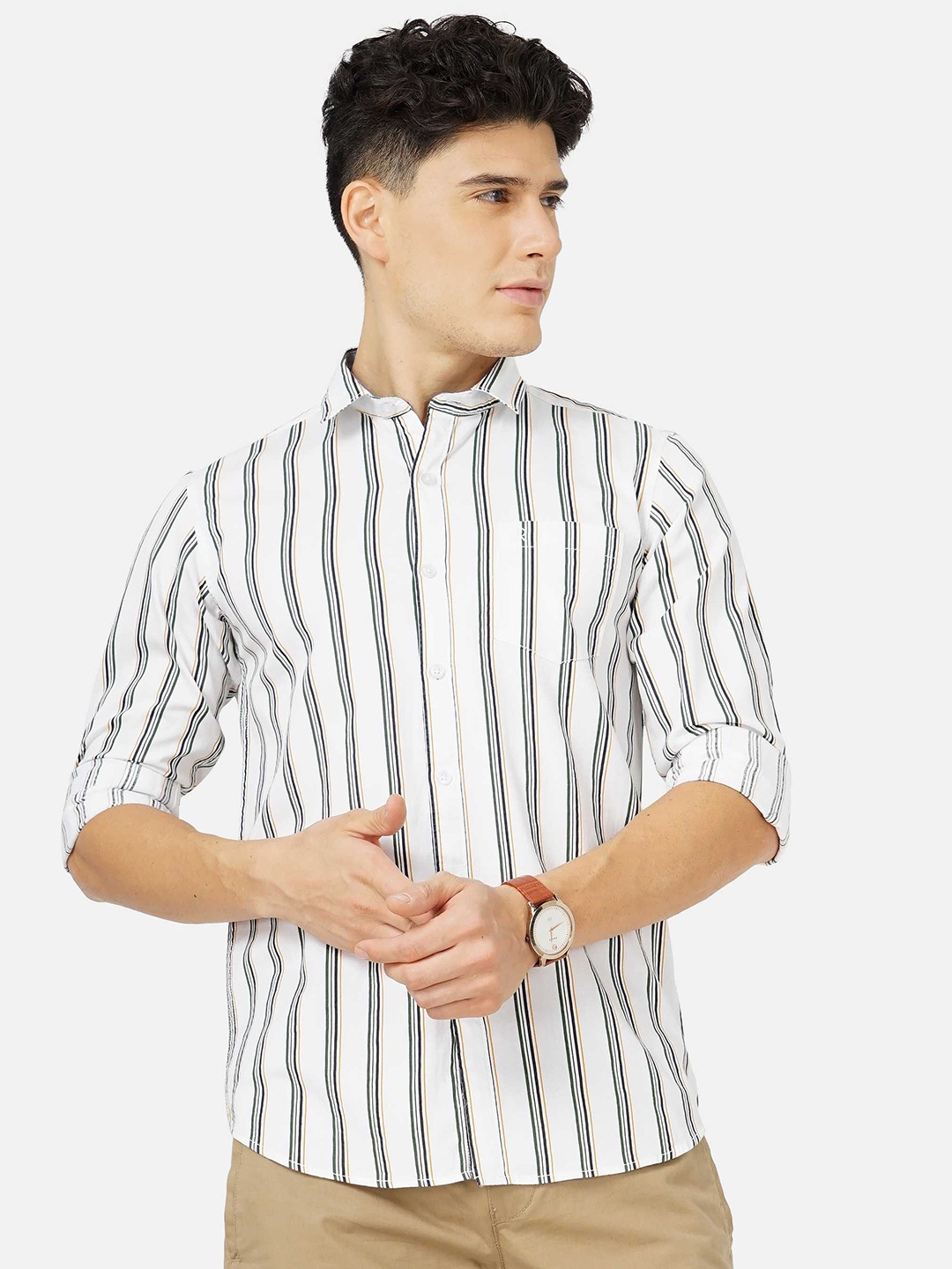 

SORATIA Men Cotton Vertical Striped Casual Shirt, Green