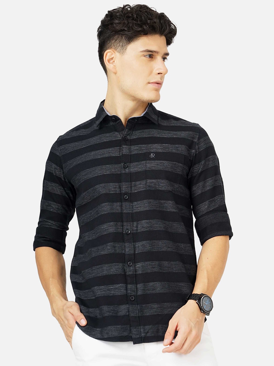 

SORATIA Men Cotton Horizontal Stripes Striped Casual Shirt, Black
