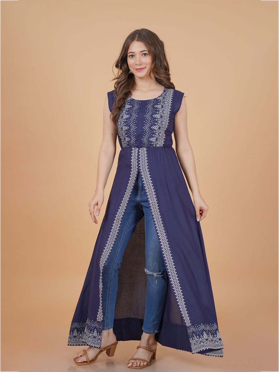 

DRESSAR Ethnic Motifs Printed Front Slit A-Line Kurta, Navy blue