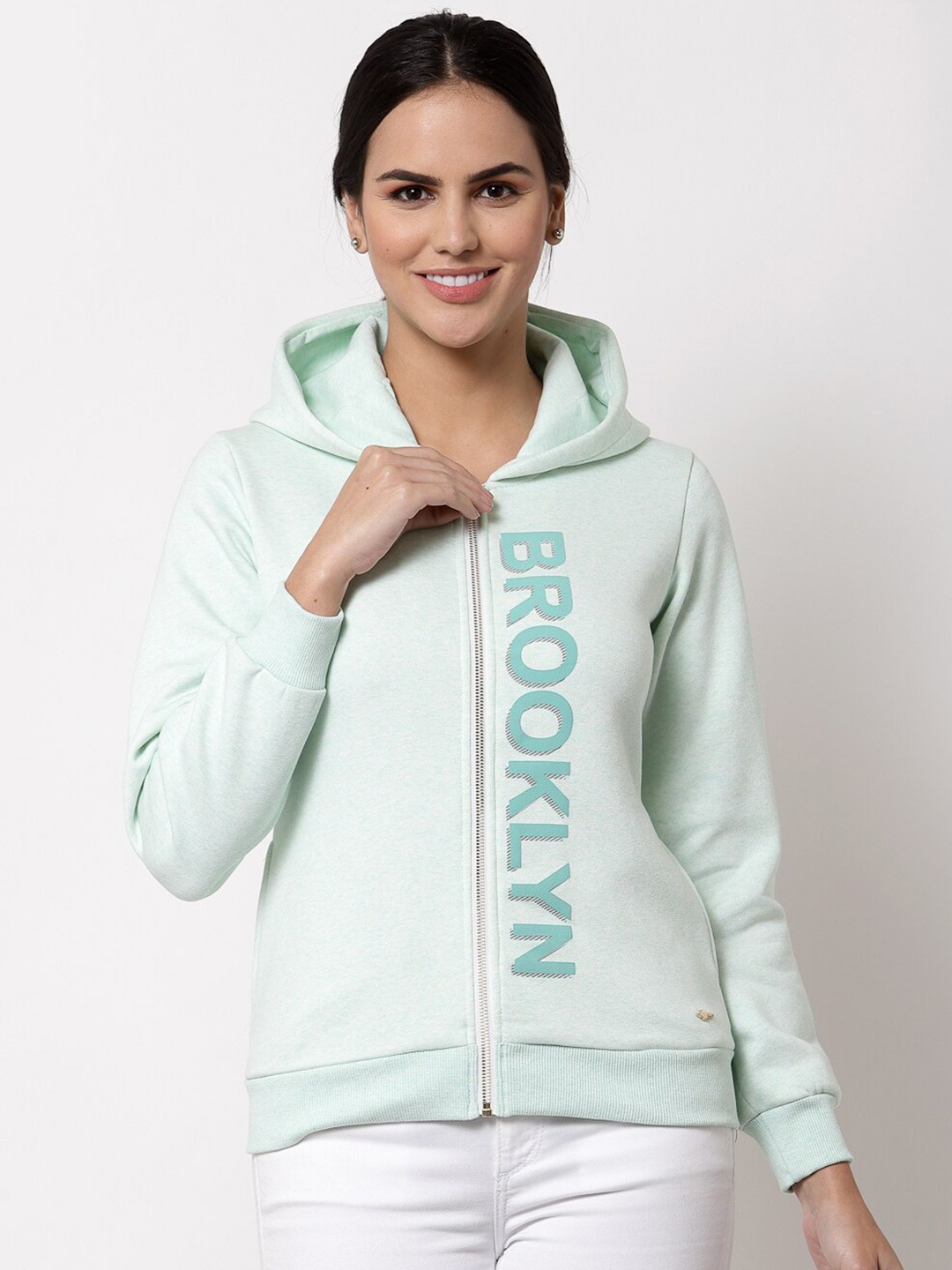 

Juelle Women Printed Front-Open Hooded Fleece Sweatshirt, Green