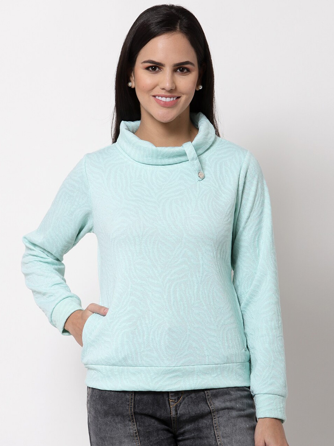 

Juelle Women Self Design Turtle Neck Fleece Pullover Sweatshirt, Blue