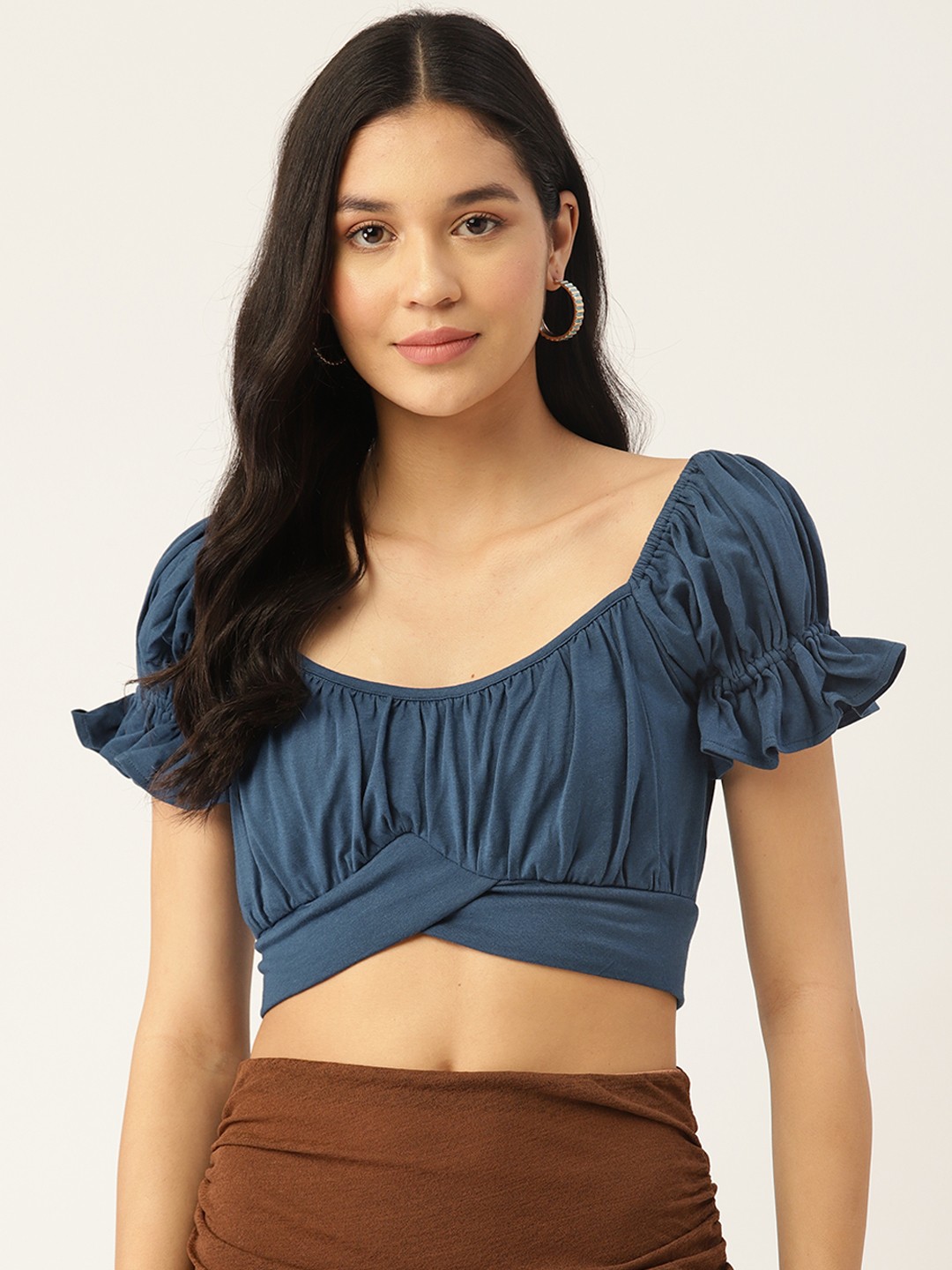 

UNMADE Sweetheart Neck Puff Sleeves Ruffled Crop Top, Blue
