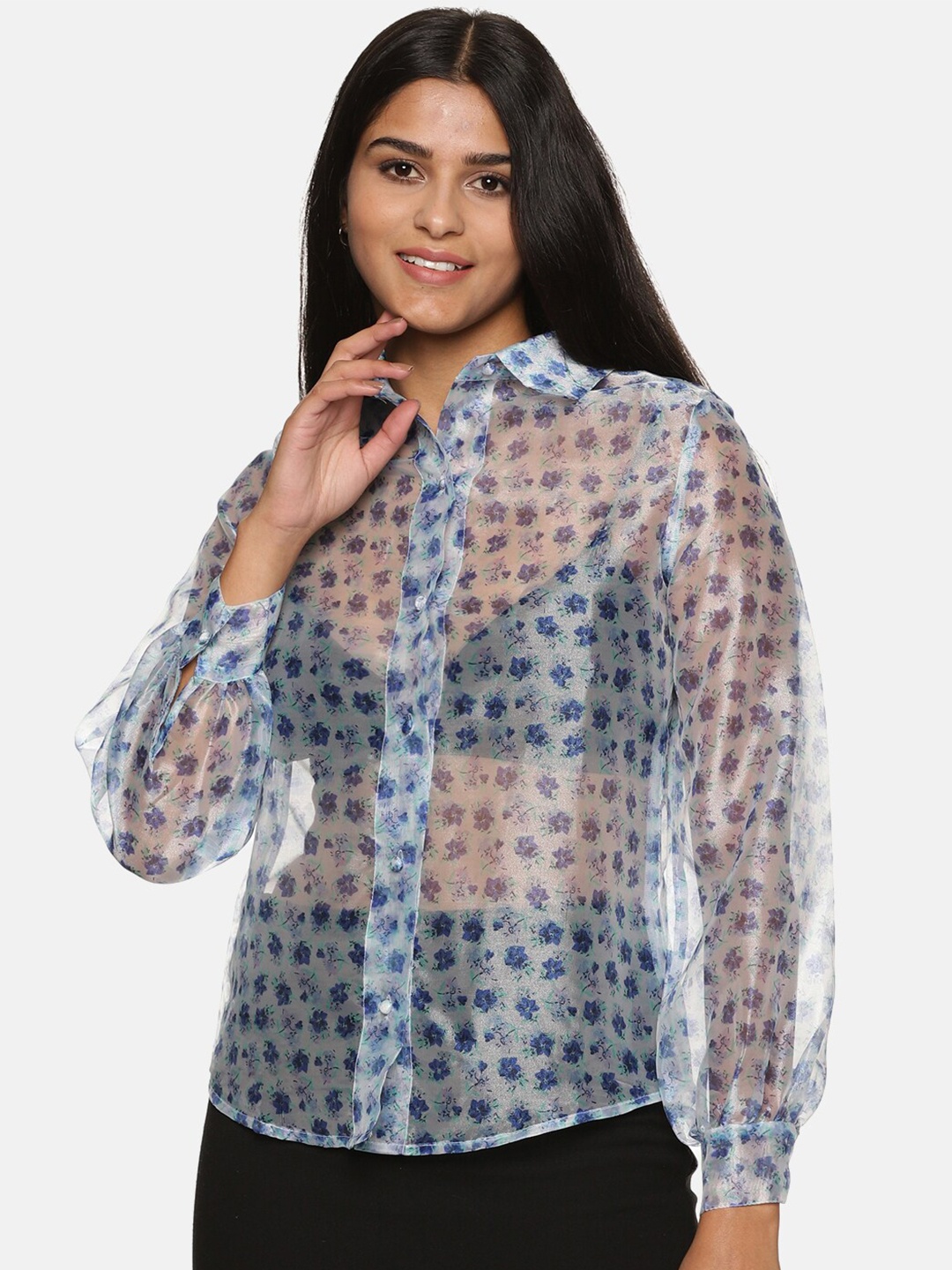 

ISU Women Floral Printed Sheer Casual Shirt, Blue