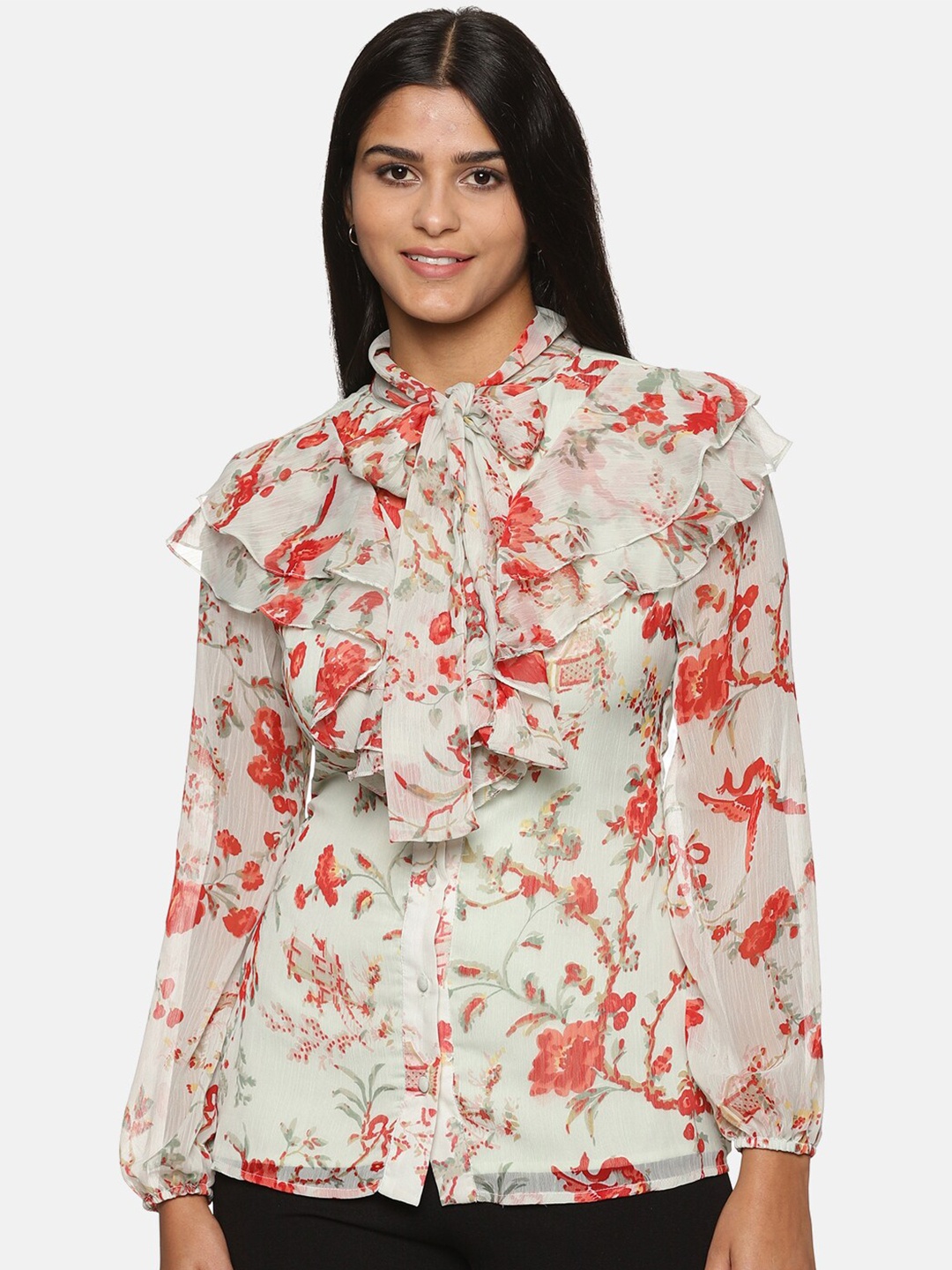 

ISU Floral Print Tie-Up Neck Ruffles Shirt Style Top, Green
