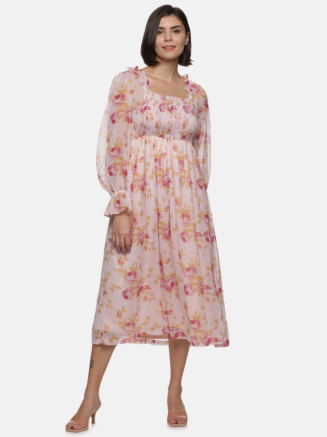 

ISU Printed Floral Chiffon Midi Dress, Beige