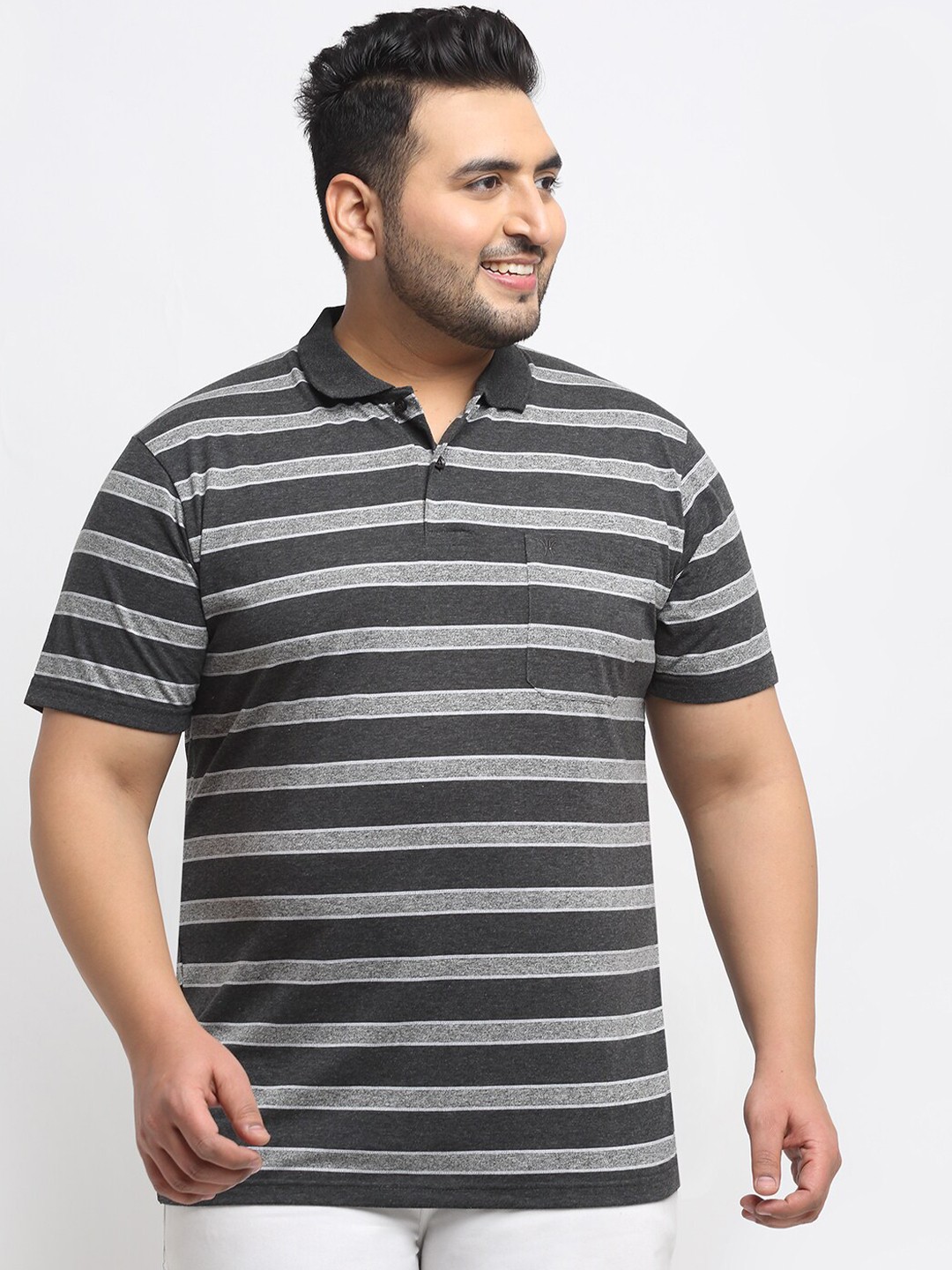 

VENITIAN Men Plus Size Striped Polo Collar Cotton T-shirt, Grey