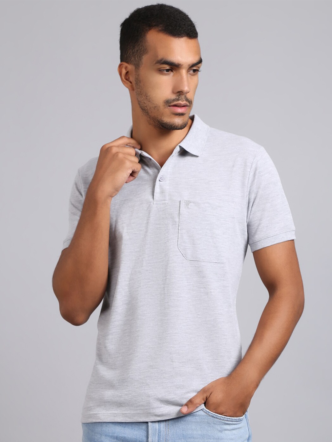 

VENITIAN Men Polo Collar Cotton T-shirt, Grey melange