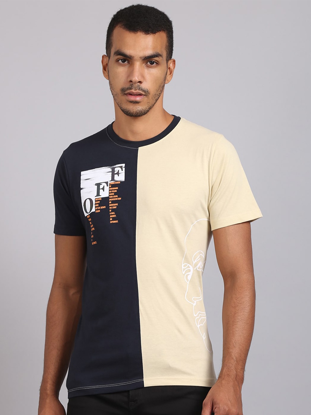 

VENITIAN Men Colourblocked Cotton T-shirt, Beige