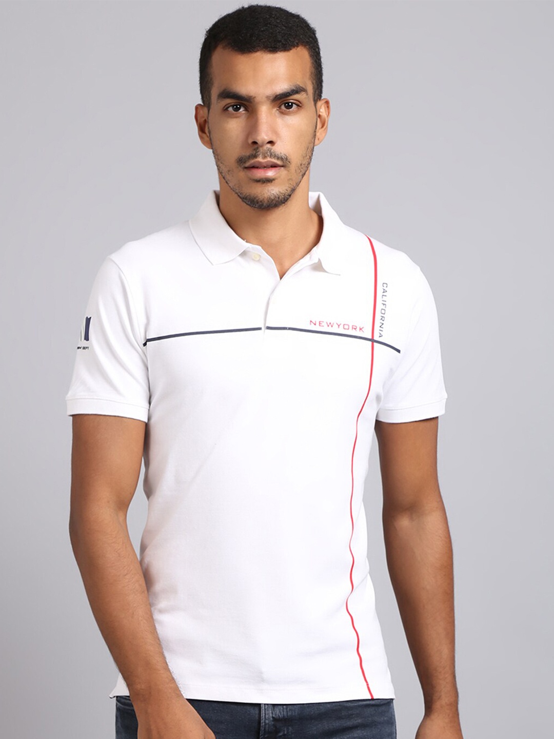 

VENITIAN Men Polo Collar Monochrome Slim Fit Cotton T-shirt, White