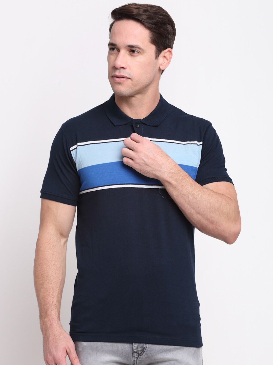 

VENITIAN Men Striped Polo Collar Cotton T-shirt, Navy blue