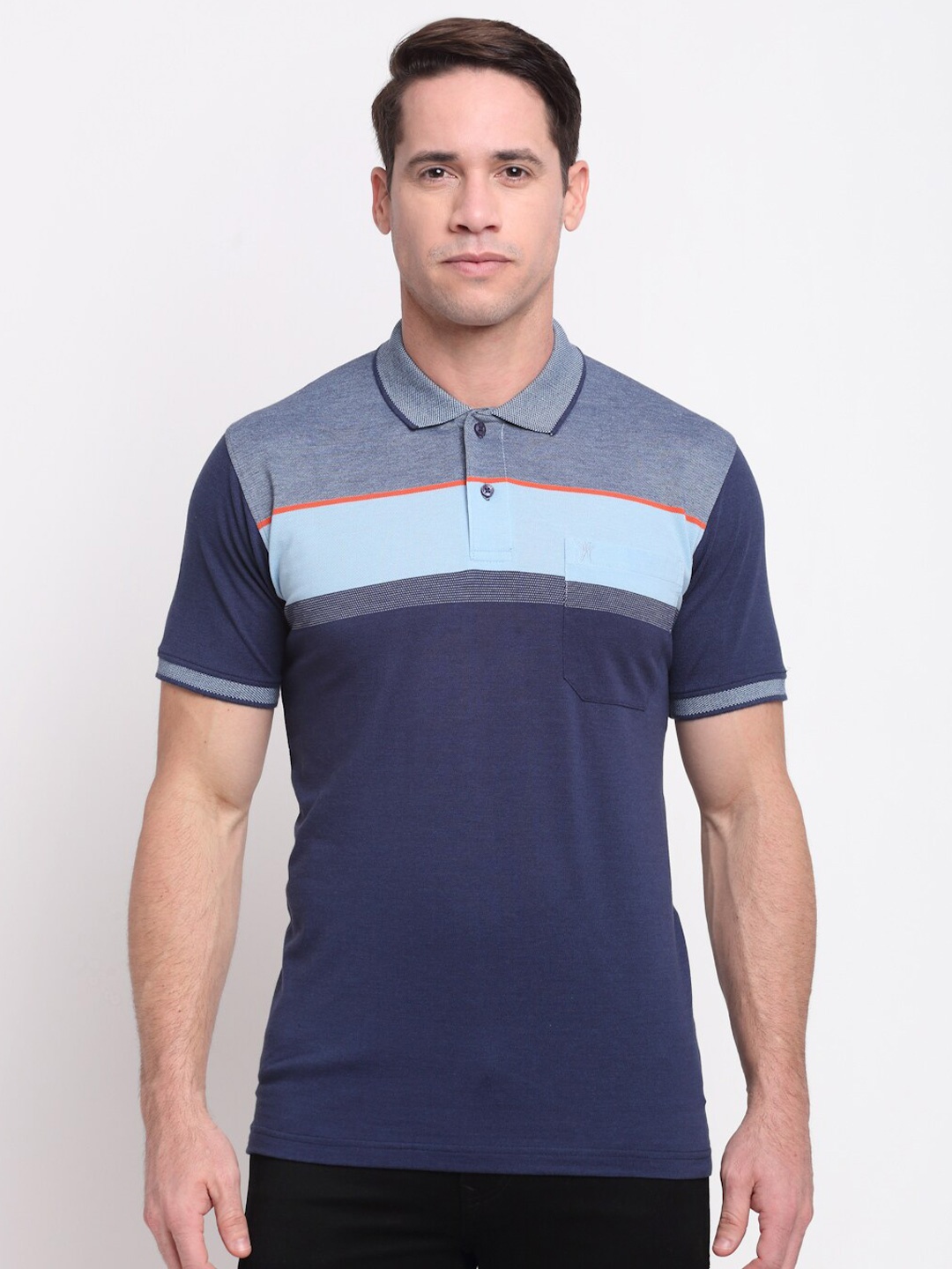 

VENITIAN Men Striped Polo Collar Cotton T-shirt, Blue