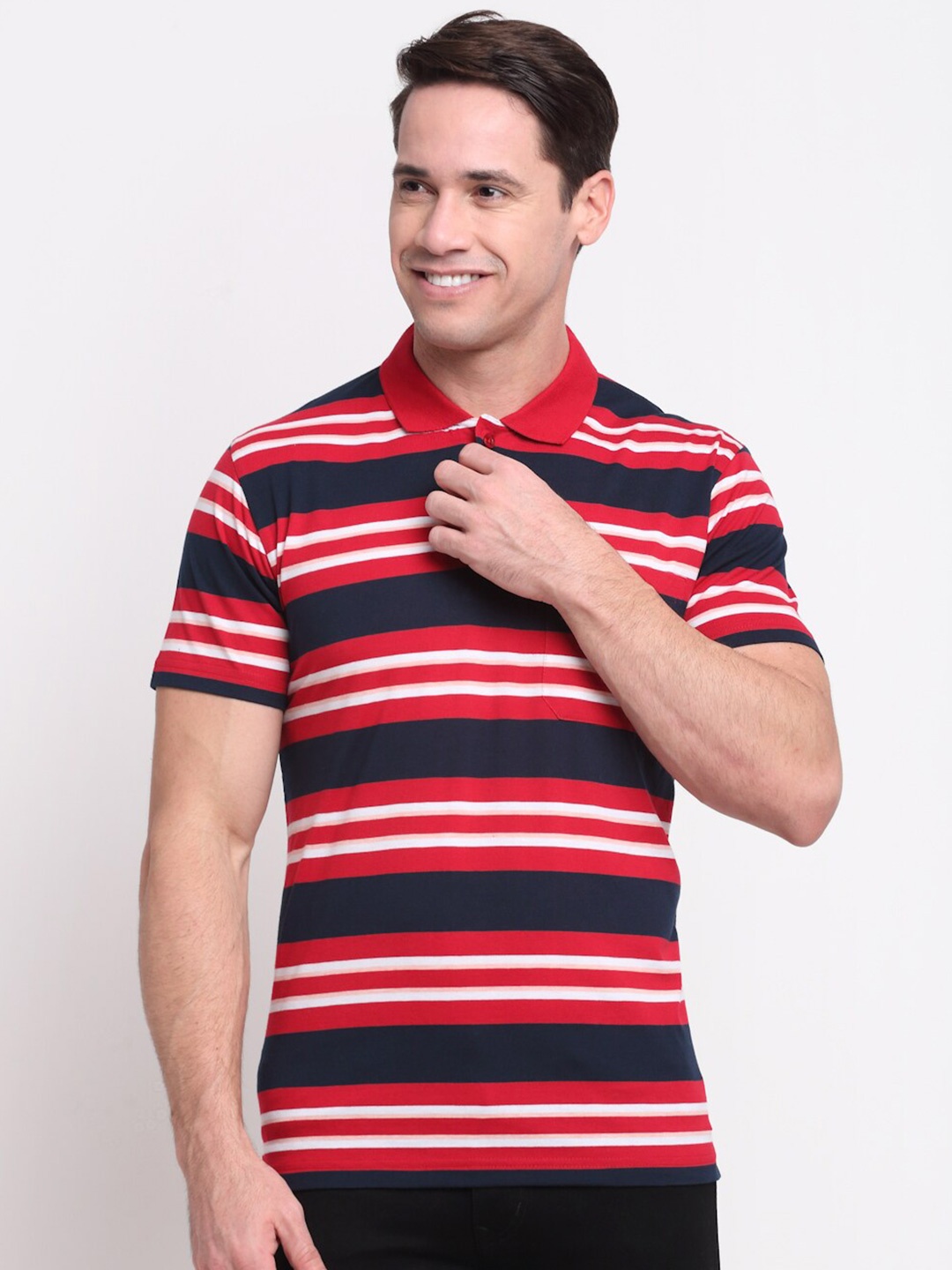 

VENITIAN Men Striped Polo Collar Cotton T-shirt, Red