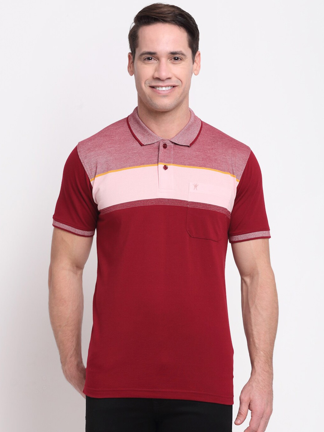 

VENITIAN Men Colourblocked Polo Collar Cotton T-shirt, Maroon