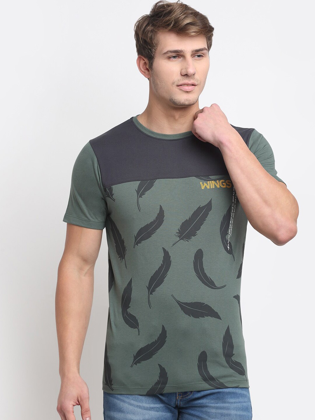 

VENITIAN Men Printed Slim Fit Cotton T-shirt, Olive