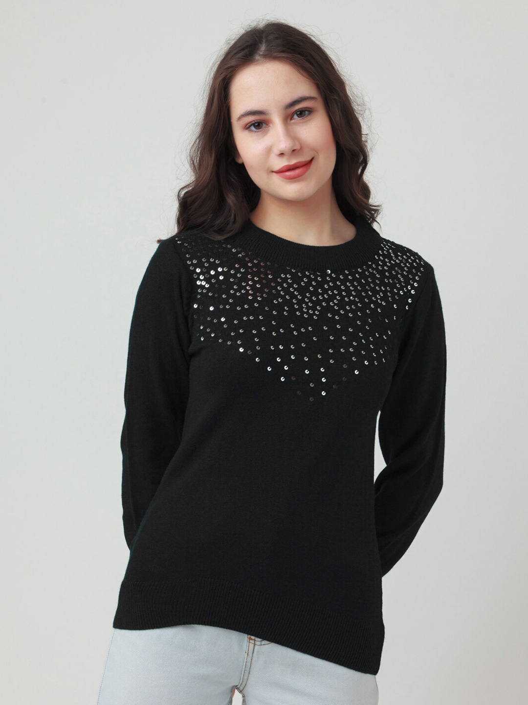 

Zink London Women Embroidered Acrylic Pullover, Black