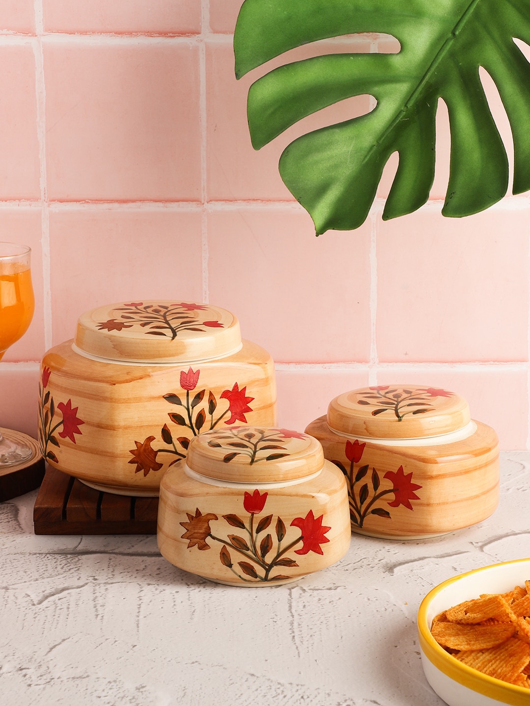 

CDI Set Of 3 Cream & Red Floral Printed Ceramic Jar Set