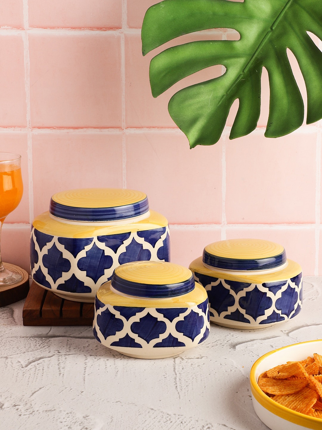 

CDI Set Of 3 White & Blue Printed Ceramic Storage Containers