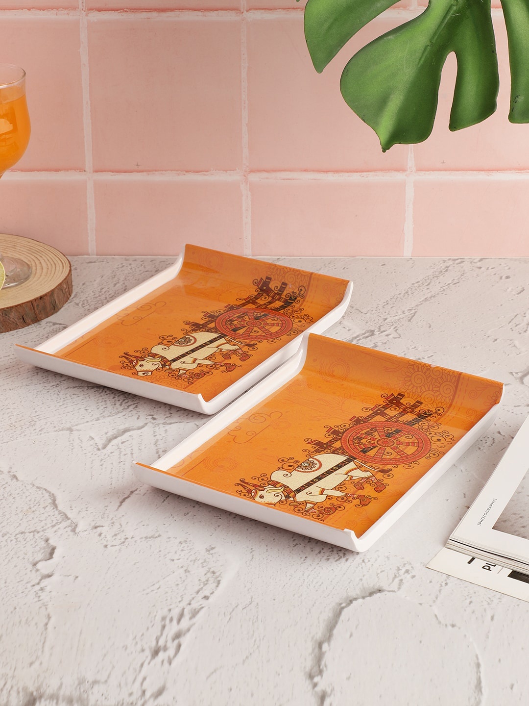 

CDI Set Of 2 Yellow Traditional Printed Melamine Serving Tray