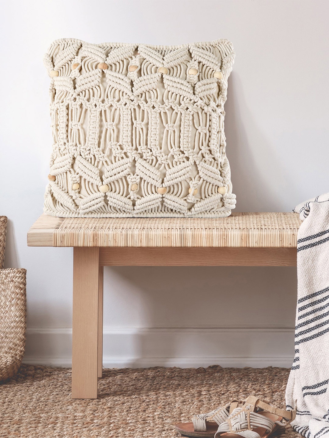 

SASHAA WORLD Natural Macrame Throw Pillow Cushion Cover 18X18 inch, Beige