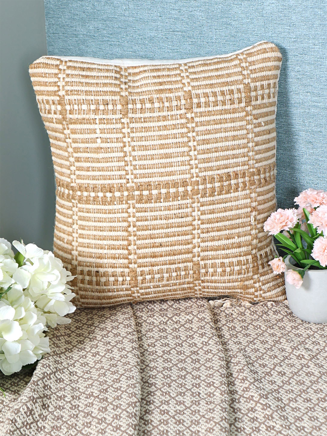 

SASHAA WORLD Beige & White Self Design Square Cotton Cushion Cover