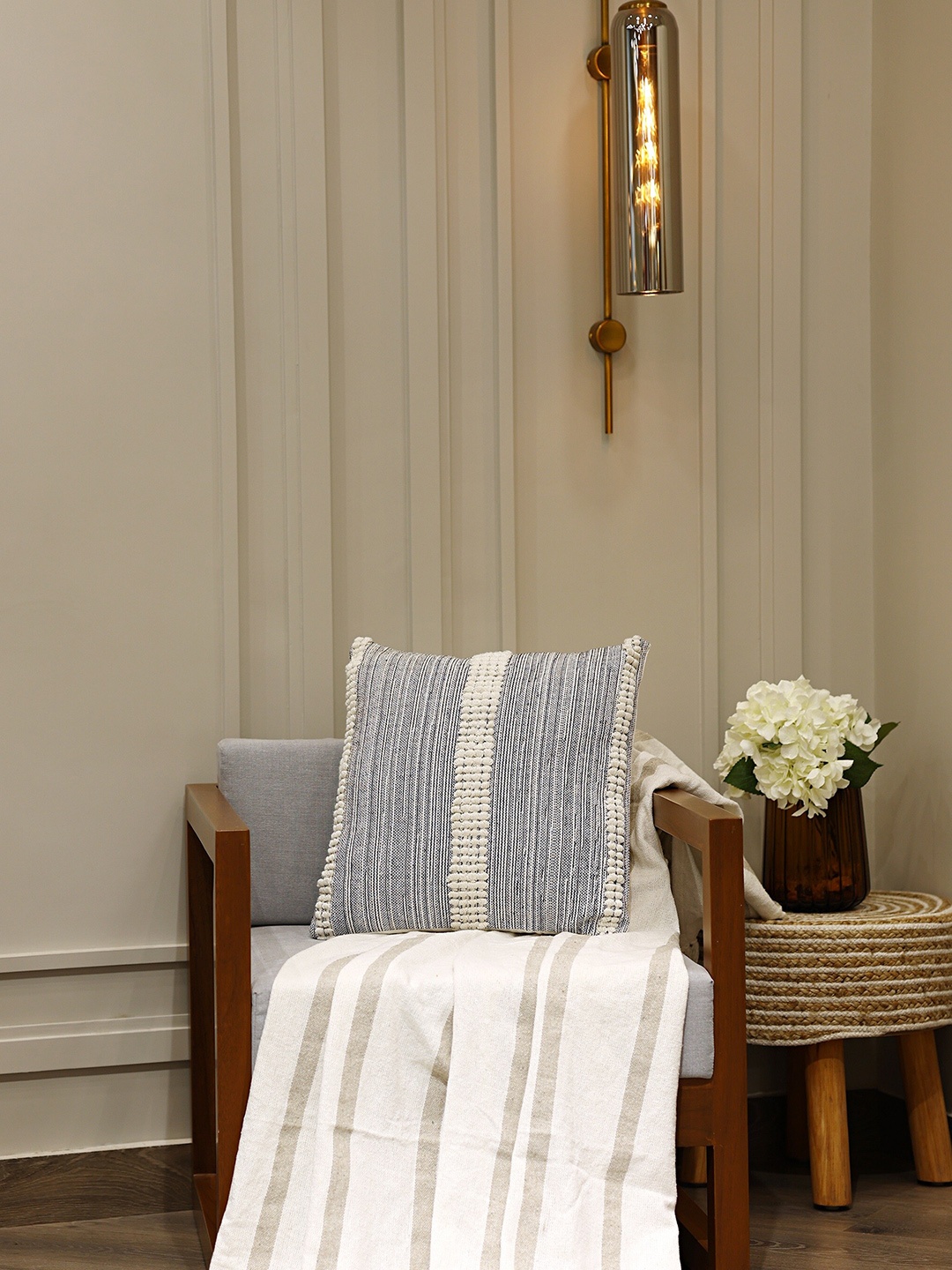 

SASHAA WORLD Grey & Off White Self Design Pure Cotton Square Cushion Cover