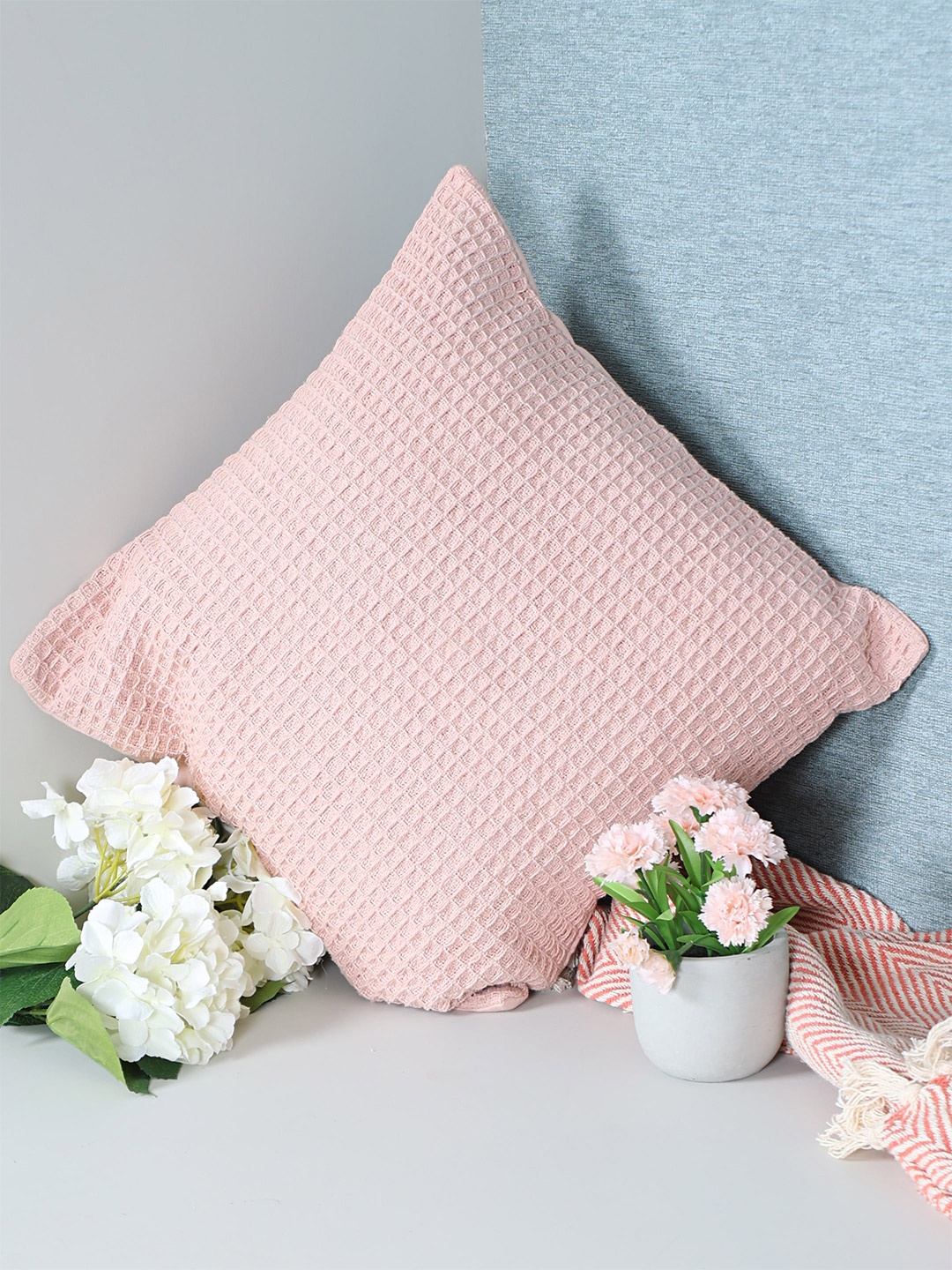 

SASHAA WORLD Pink Self Design Textured Pure Cotton Square Cushion Cover