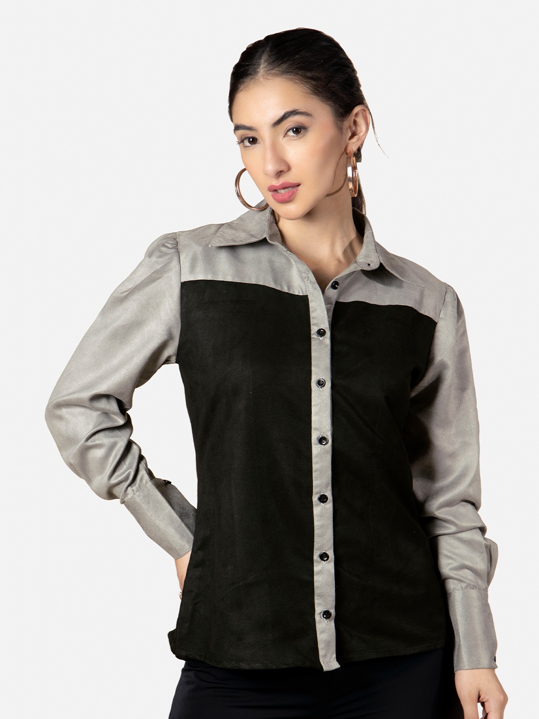 

NEOFAA Women Comfort Colourblocked Casual Shirt, Black