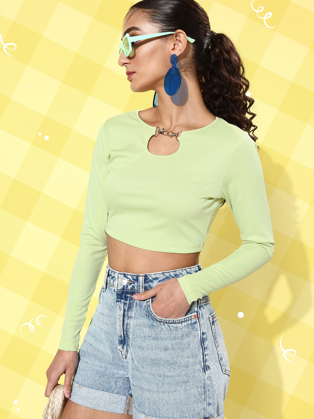 

DressBerry Solid Keyhole Neck Crop Top, Lime green