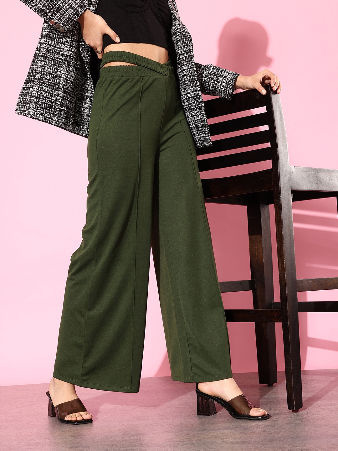 

4WRD by Dressberry Women Waist Cut-Out Detail Casual Trousers, Olive