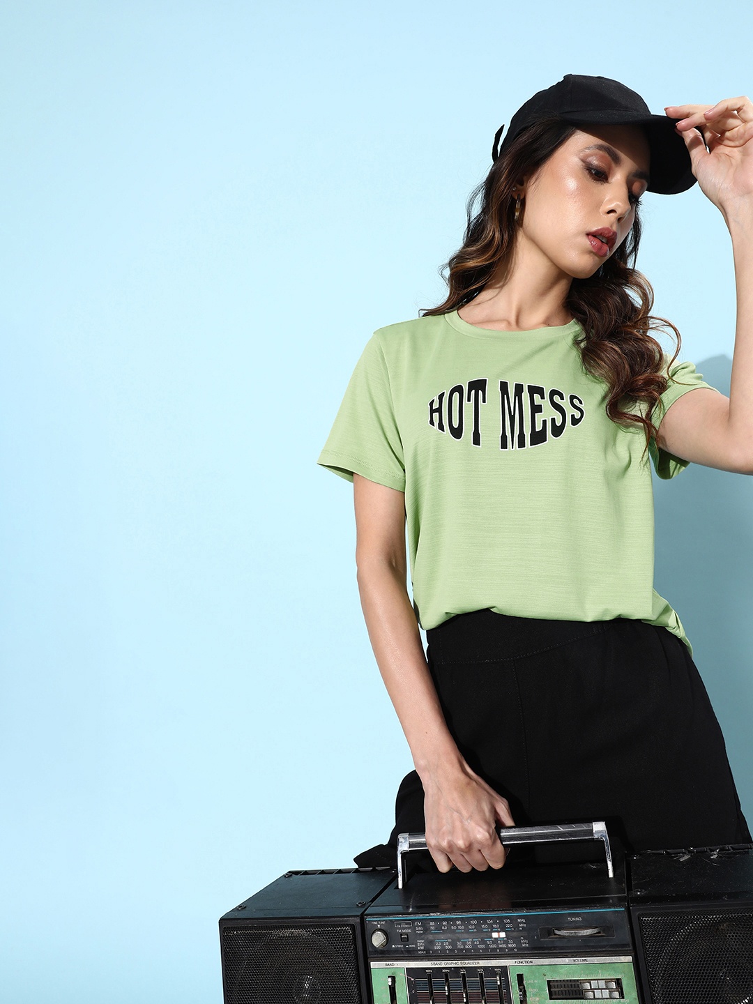 

Dressberry Light Green Graphic High Typography Printed Casual T-shirt