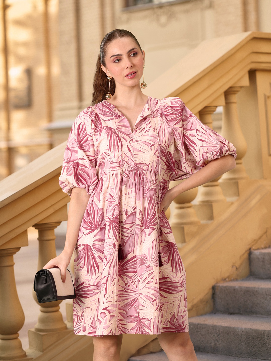 

all about you Tropical Print Tie-Up Neck Cotton A-Line Dress, Purple