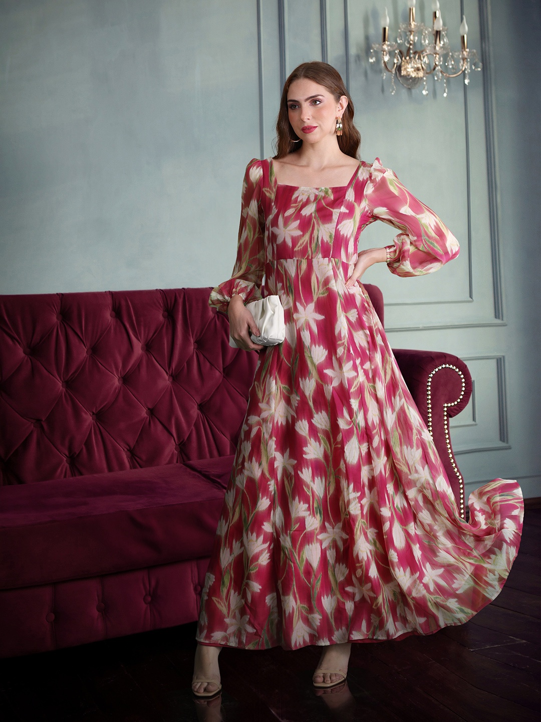 

all about you Floral Print Puff Sleeves Maxi Dress, Magenta