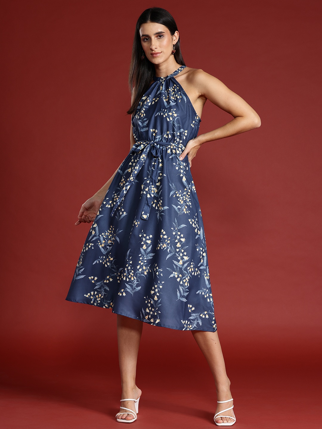 

all about you Floral Print Halter-Like Neck Lace Detailed Belted A-Line Midi Dress, Blue