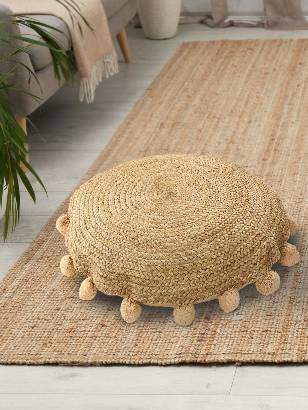 

SASHAA WORLD Beige Textured Jute Cushion with pompom