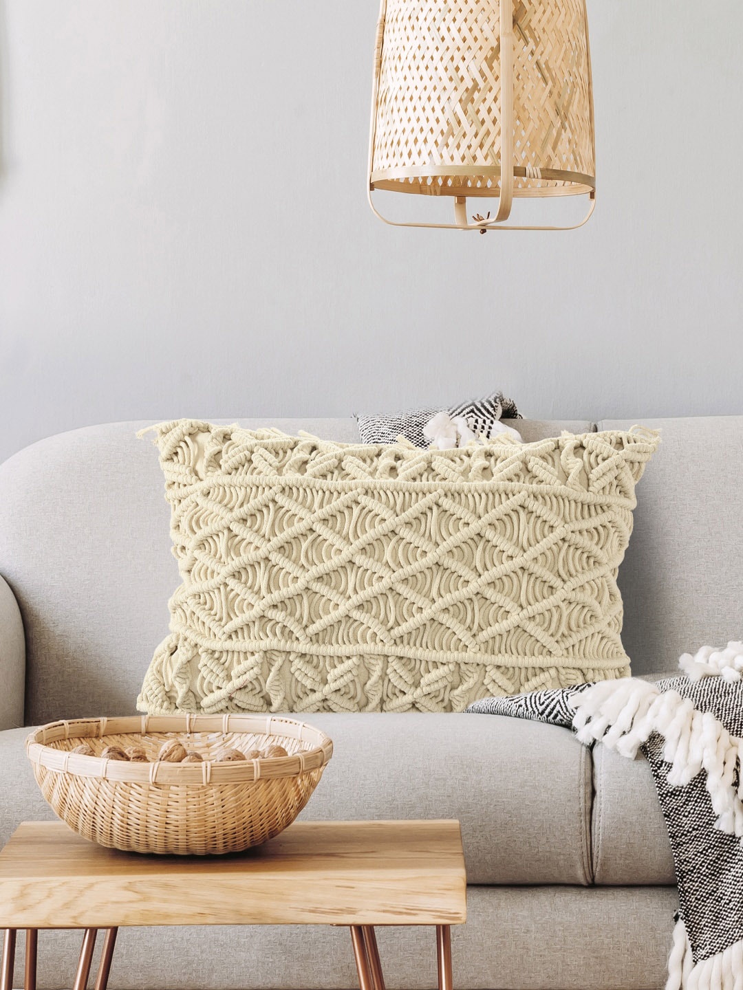 

SASHAA WORLD Beige Textured Rectangle Pure Cotton Cushion