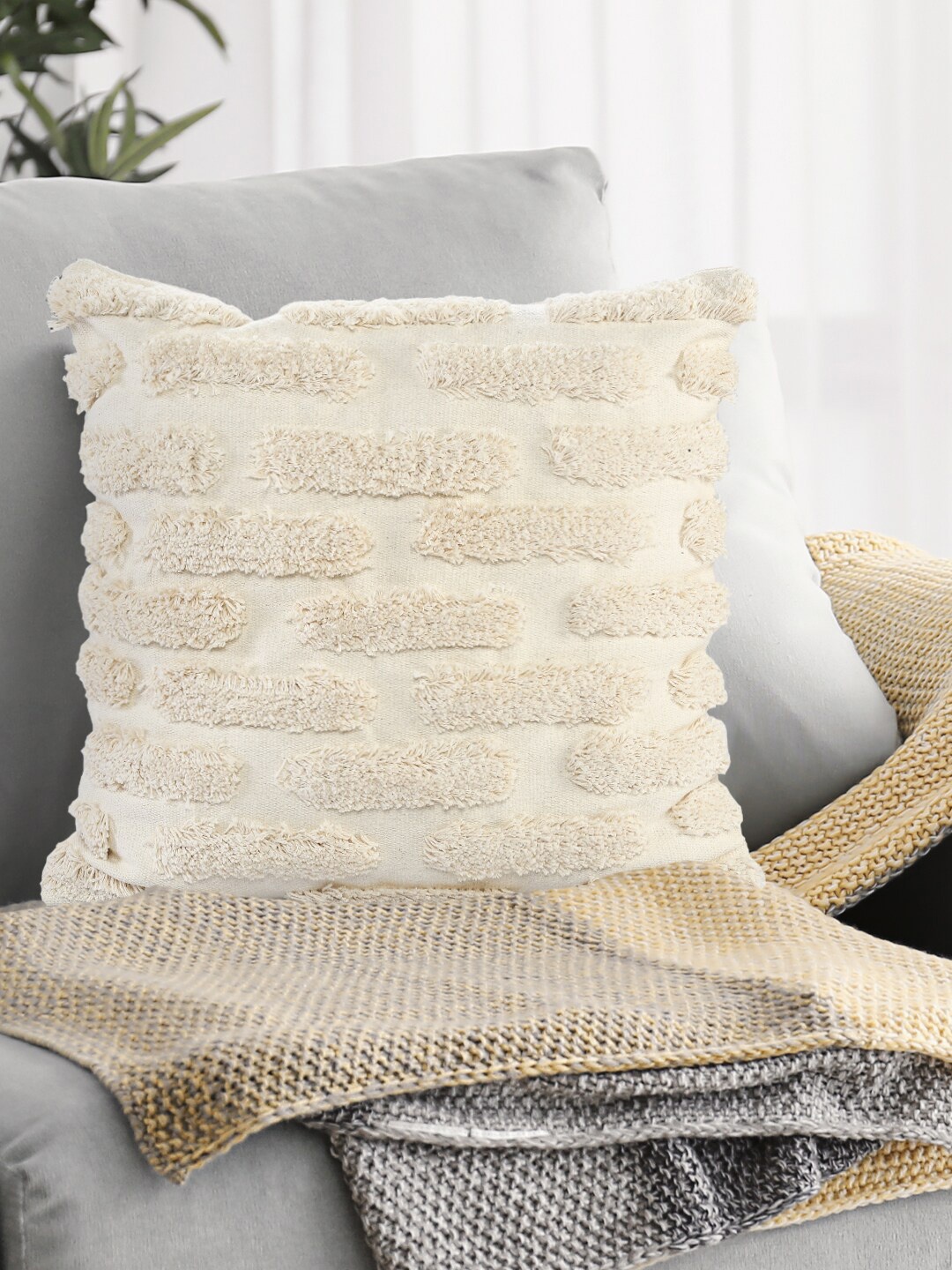 

SASHAA WORLD Cream Self Design Textured Pure Cotton Cushion