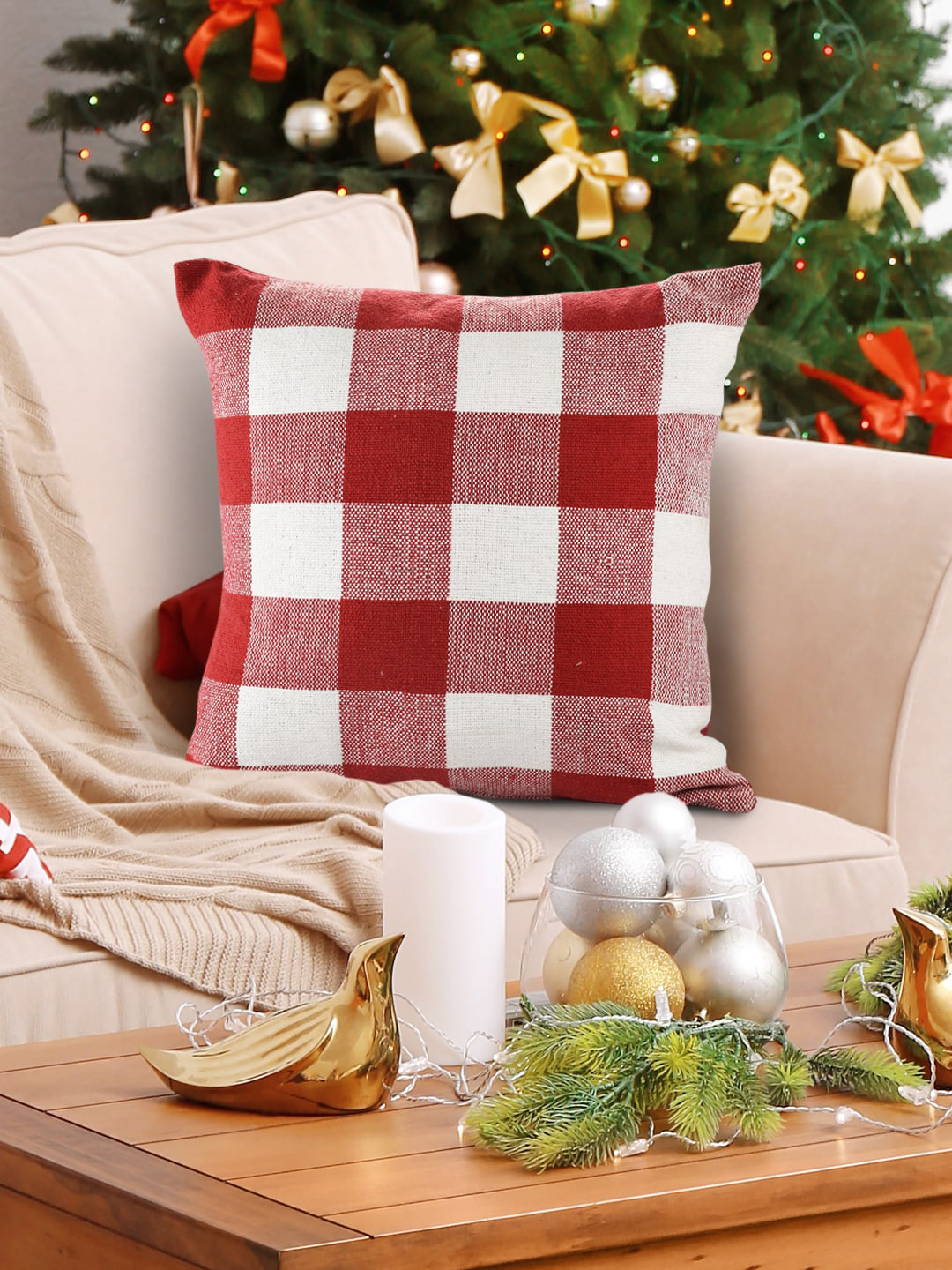 

SASHAA WORLD Red & White Checked Pure Cotton Cushion Fillers