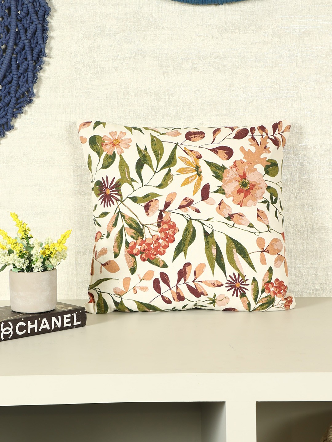 

SASHAA WORLD White & Green Floral Printed Cotton Cushion