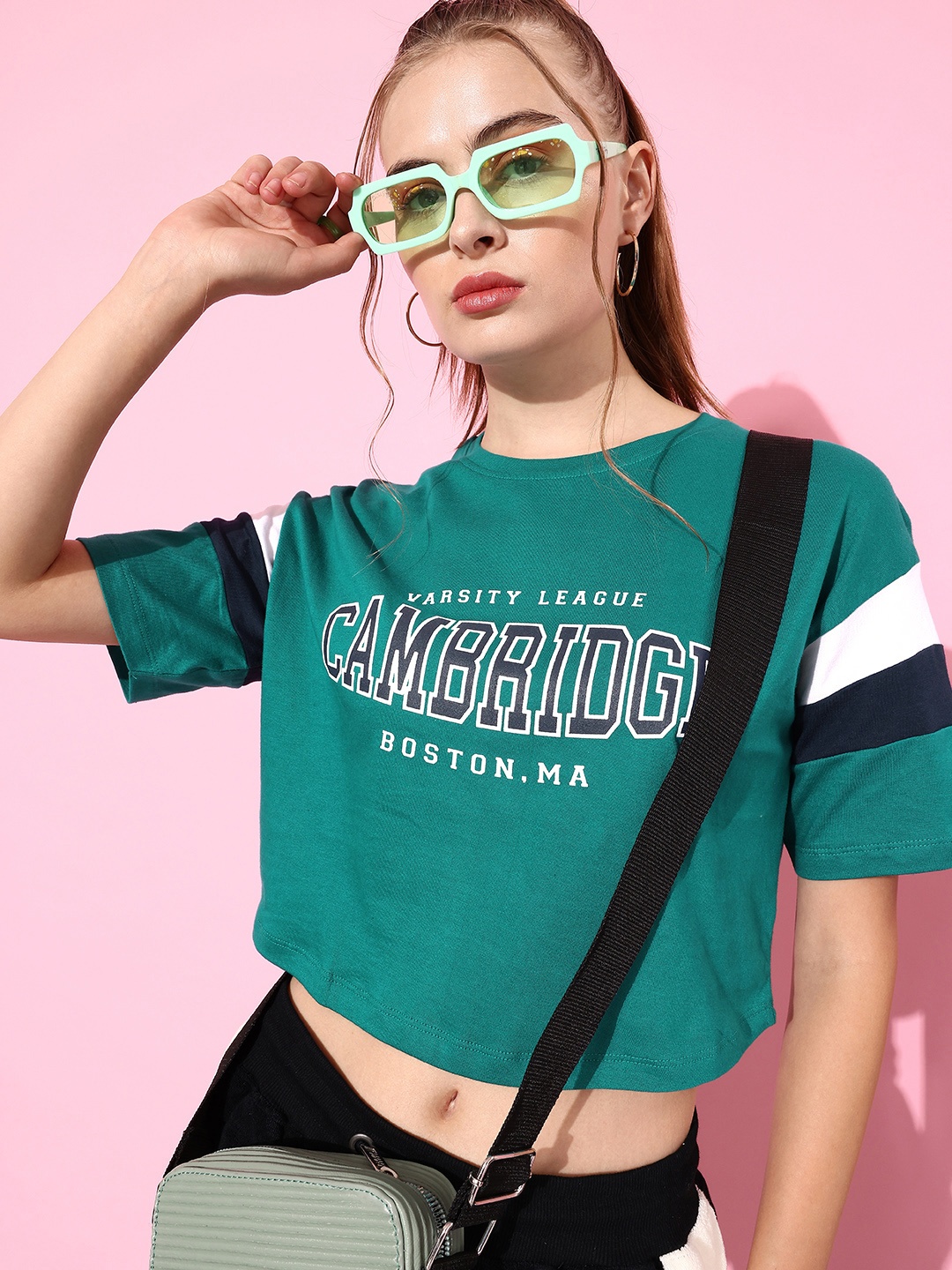 

Harvard Deep Green Joy De Jun Optimistic Simplicity Printed Pure Cotton Crop T-shirt
