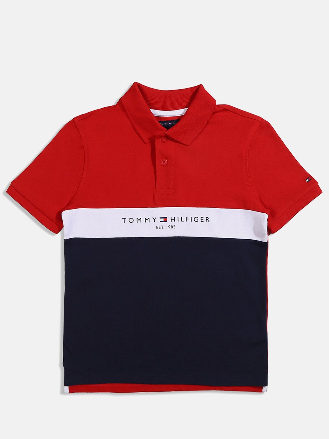 

Tommy Hilfiger Boys Colourblocked Cotton Polo Collar T-shirt, Red